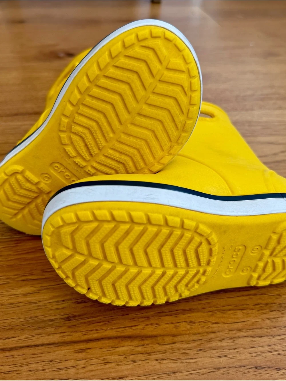 CROCS Kids' Bright Yellow Waterproof Rain Boots with Dark Blue & White Trim